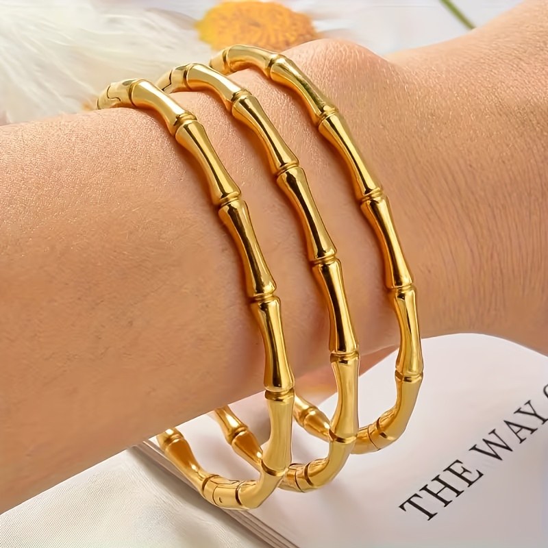 3pc Bamboo Joint Golden Bangle Set, 18K Plated